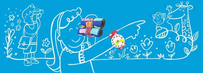 Piirretyt lapset pitävät hauskaa 5-vuotiaille tarkoitettujen aktiviteettien avulla ja leikkivät kotitekoisilla, maalatusta pahvista valmistetuilla lelukiikareilla ja lelukellolla