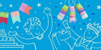 Piirretyt lapset ja koira leikkimässä kotitekoisten syntymäpäiväjuhlien koristeiden alla