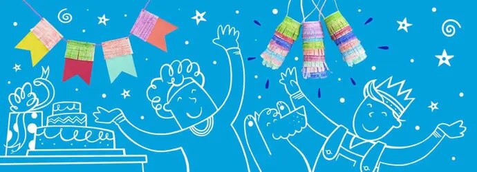 Piirretyt lapset ja koira leikkimässä kotitekoisten syntymäpäiväjuhlien koristeiden alla