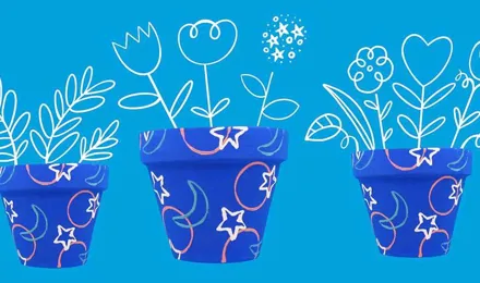 Pots de fleurs bleu décorés de fleurs et d'oiseaux dessinés