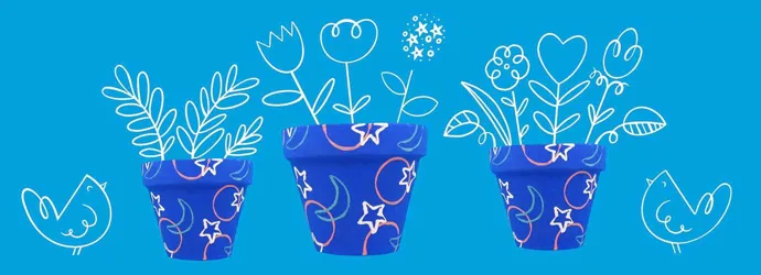 Pots de fleurs bleu décorés de fleurs et d'oiseaux dessinés