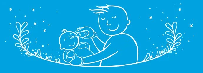 Kuvitettu isä, joka pitää vauvaa ja puhaltaa vauvan nenää sipuliruiskulla