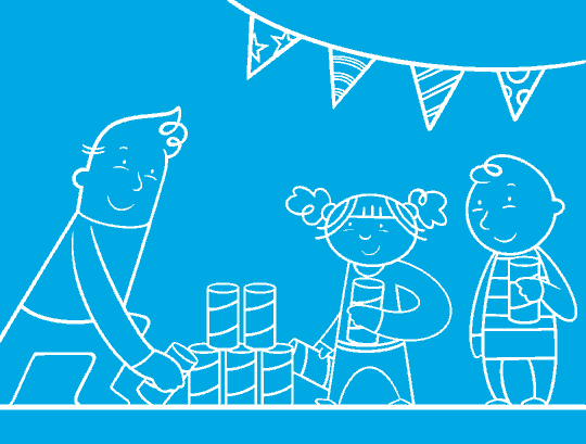 GIF animé illustrant un père avec ses enfants qui construisent une tour à base de tubes de papier toilette.