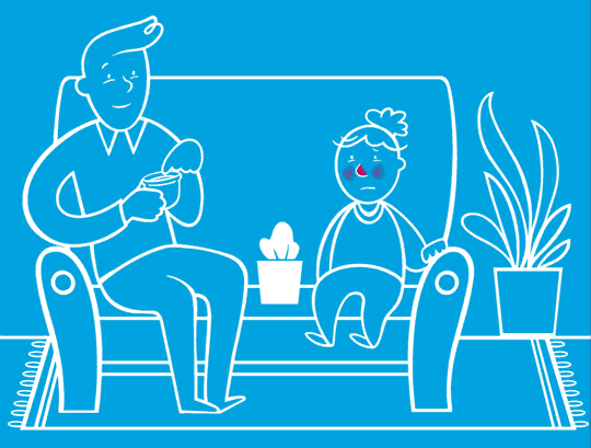 Animoitu GIF vanhemmasta, joka istuu sohvalla lapsen kanssa ja levittää voidetta lapsen nenässä ja poskilla oleviin punaisiin läikkiin.