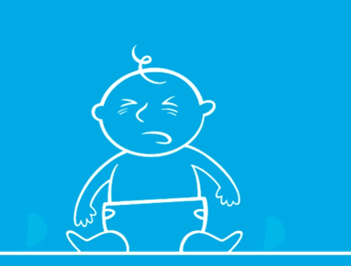 Gif illustré d’un bébé en détresse assis entre deux lignes qui représentent de la vapeur.