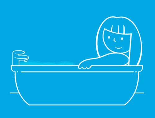 Piirretty GIF pitkähiuksisesta henkilöstä kylpyammeessa yrittämässä helpottaa nenän tukkoisuutta.