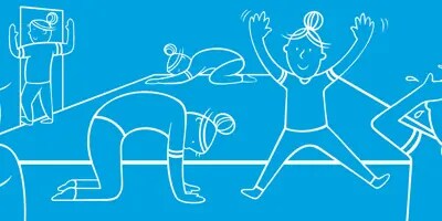 6 illustrations d’un même personnage féminin en train de faire des exercices à la maison pour se tenir droit.