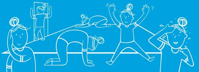 6 illustrations d’un même personnage féminin en train de faire des exercices à la maison pour se tenir droit.