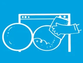 Piirroskuva kädestä, joka pyyhkii pesukoneen luukkua talouspaperilla.