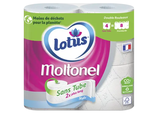 Image produit du pack de papier toilette Lotus Moltonel sans tube avec revendications écologiques.