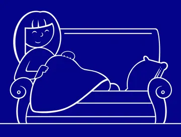 Valkoisin ääriviivoin tummansiniselle taustalle piirretty kuva hymyilevästä, raskaana olevasta naisesta, joka istuu peiton alla sohvalla.