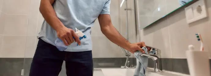 Un homme nettoie le lavabo d'une salle de bains moderne à l'aide d'un vaporisateur.