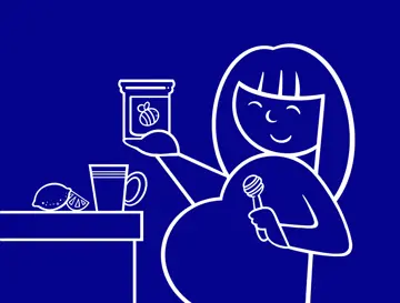 Valkoisin ääriviivoin piirretty kuva raskaana olevasta naisesta, joka pitää käsissään hunajapurkkia ja jonka vieressä on muki ja sitruunaviipaleita.