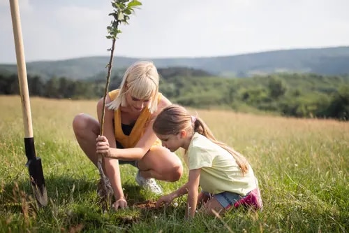 Une femme et une jeune fille plantent un arbre dans un champ.